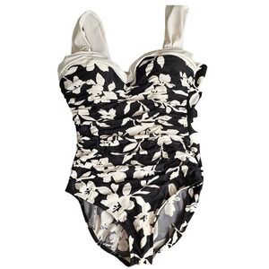Miraclesuit One Piece Swimsuit Floral Black White Ruched Tummy Control Medium
